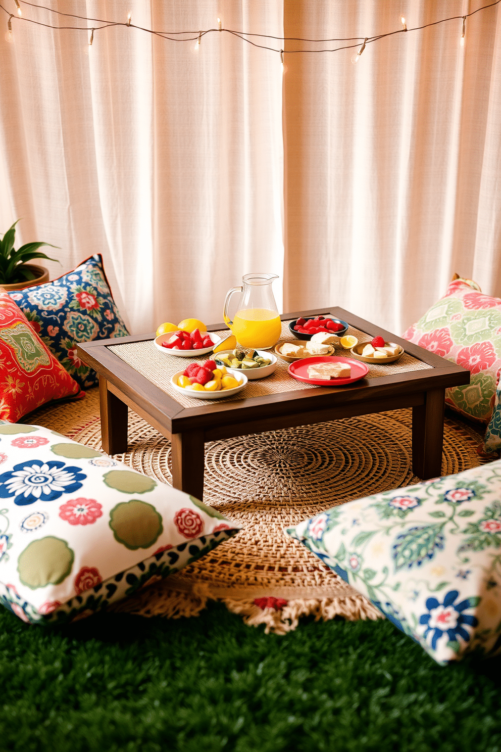 A cozy picnic-style coffee table setup features a large woven blanket spread across the floor. On the table, there are colorful plates filled with fresh fruits, sandwiches, and a pitcher of lemonade. Surrounding the table are oversized cushions in vibrant patterns for comfortable seating. Soft fairy lights hang above, creating a warm and inviting atmosphere perfect for summer gatherings.