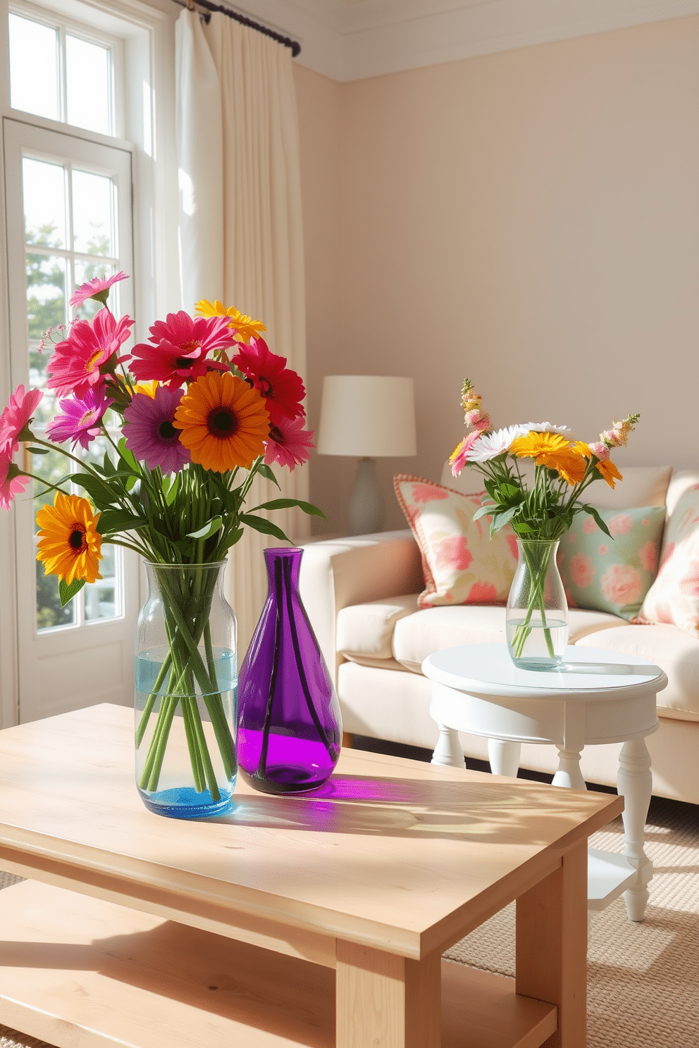 A bright and airy summer living room filled with natural light. Fresh flowers in vibrant vases are strategically placed on a light wood coffee table and a white side table. The walls are painted in a soft pastel hue, creating a cheerful atmosphere. A comfortable cream-colored sofa adorned with colorful throw pillows complements the lively floral arrangements.