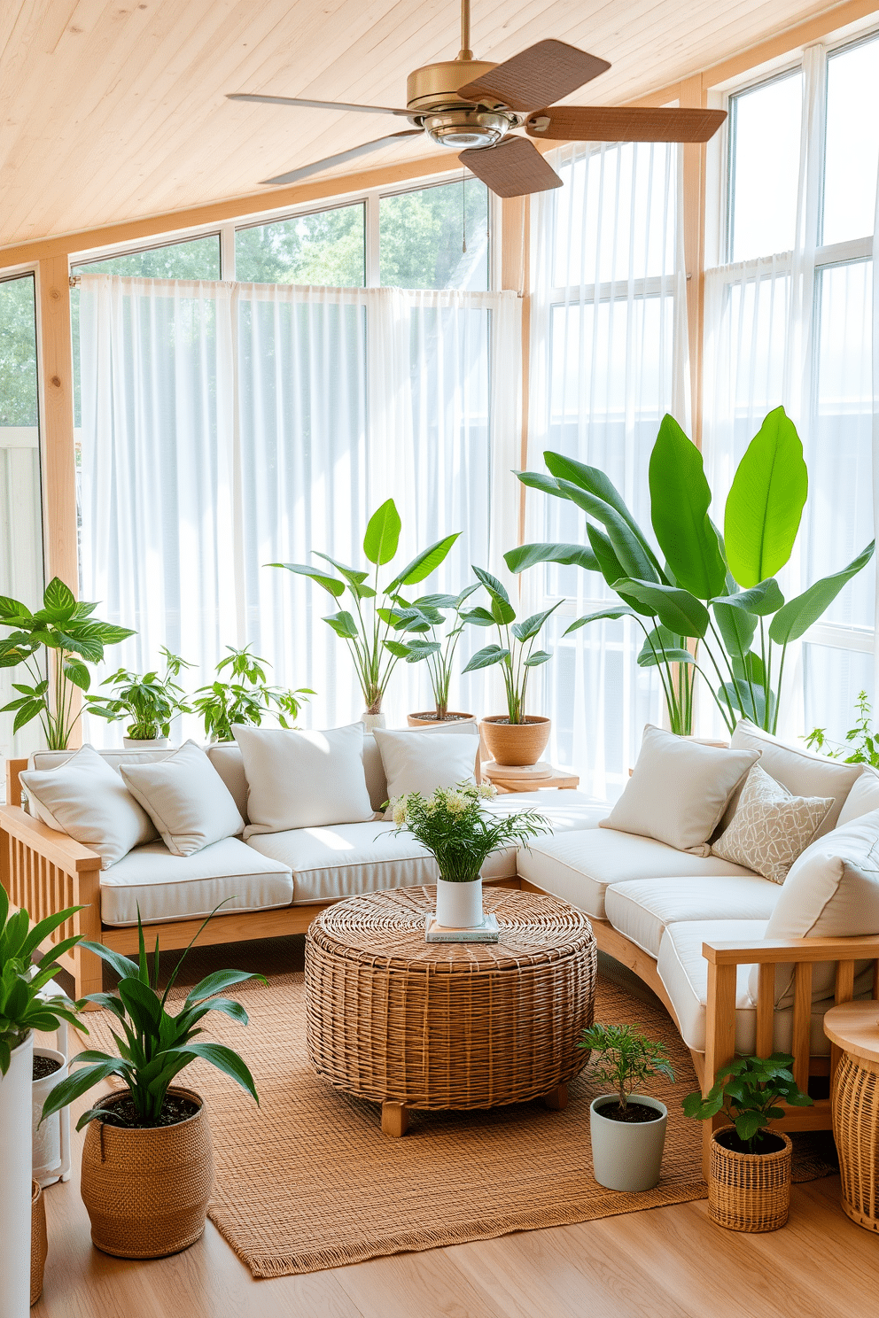 A summer living room filled with light wood furniture that exudes warmth and comfort. The space features a large sectional sofa adorned with soft pastel cushions and a woven coffee table at the center. Large windows allow natural light to flood in, complemented by sheer white curtains that flutter gently. A collection of potted plants in various sizes adds a touch of greenery, enhancing the fresh and airy atmosphere.