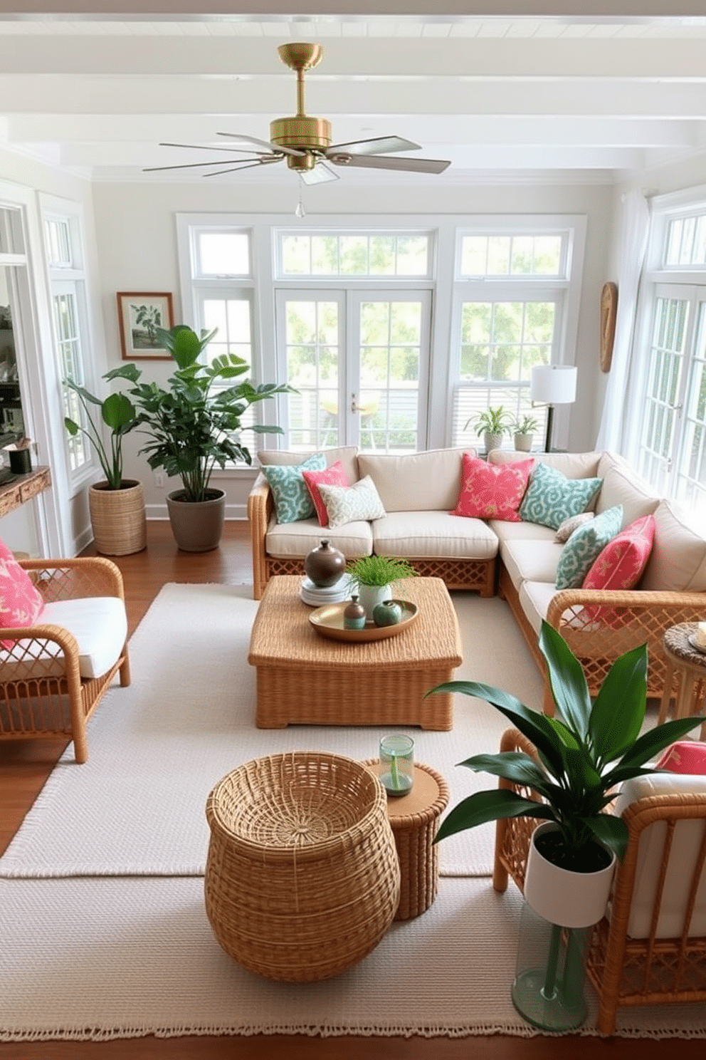 A bright and airy summer living room filled with natural light. The space features a comfortable sectional sofa adorned with vibrant throw pillows and a large woven coffee table at the center. Rattan accents are incorporated through stylish chairs and decorative baskets. A light-colored area rug anchors the seating area, while potted plants add a refreshing touch of greenery.