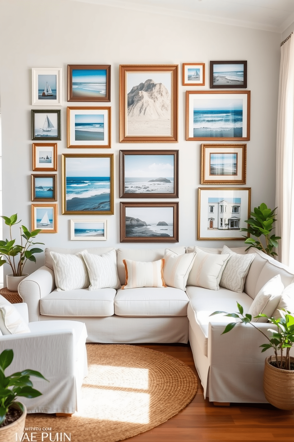 A beachy gallery wall featuring a collection of framed ocean-themed artwork and photographs. The frames vary in size and finish, creating an eclectic yet harmonious display that captures the essence of coastal living. In the summer living room, light and airy fabrics are used for the furniture, with a large sectional sofa adorned with pastel throw pillows. Natural light floods the space through sheer curtains, and a jute rug adds warmth to the wooden floor while potted plants bring a touch of greenery.