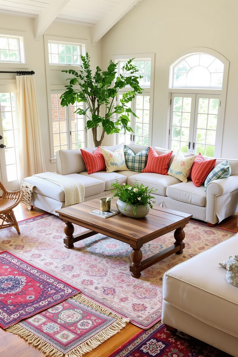 A cozy summer living room filled with natural light. Layered rugs in soft neutrals and vibrant patterns create warmth and comfort underfoot. A large sectional sofa in a light fabric is adorned with colorful throw pillows. A wooden coffee table sits at the center, topped with a few well-placed decorative items and fresh greenery.