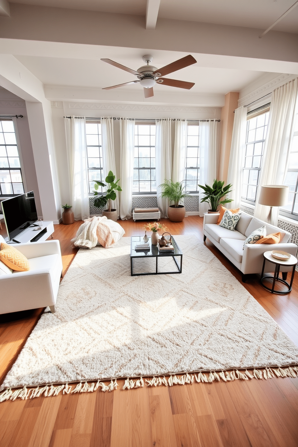 A stylish loft living space filled with natural light. The focal point is a large statement rug that adds warmth and texture to the room. Surrounding the rug are modern furniture pieces in neutral tones, complemented by vibrant summer-themed decor. Large windows draped with light, airy curtains enhance the open and inviting atmosphere.