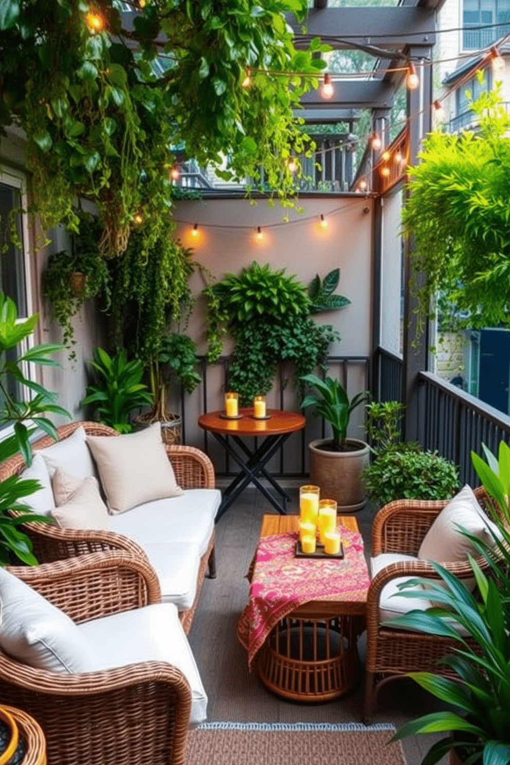 A serene outdoor-inspired balcony space featuring a cozy seating area with rattan furniture and plush cushions. Lush greenery surrounds the area, with hanging plants and a vertical garden creating a refreshing atmosphere. A small wooden table sits in the center, adorned with a colorful tablecloth and a few decorative candles. Soft fairy lights are strung overhead, casting a warm glow during the evening hours.