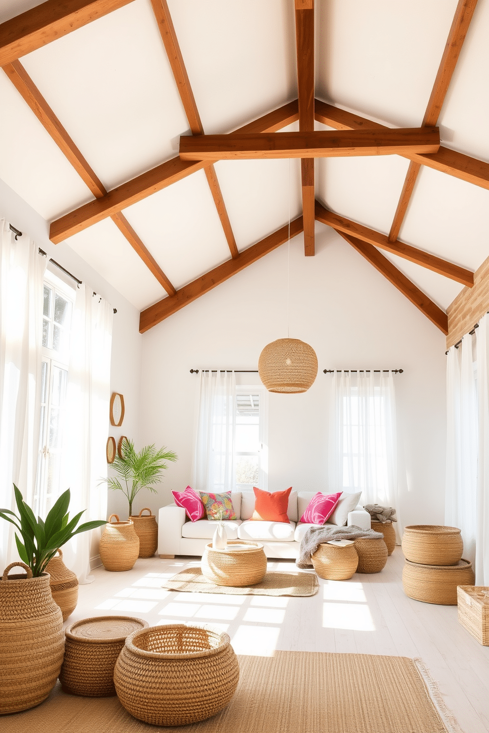 A bright and airy summer loft filled with natural light. The space features a large open layout with high ceilings and exposed wooden beams. In one corner, a cozy seating area is adorned with a plush sectional sofa and vibrant throw pillows. Woven baskets are strategically placed around the room for stylish storage and organization. The walls are painted in a soft white, creating a fresh and inviting atmosphere. Large windows draped with sheer curtains allow sunlight to flood in, enhancing the summery feel of the space.