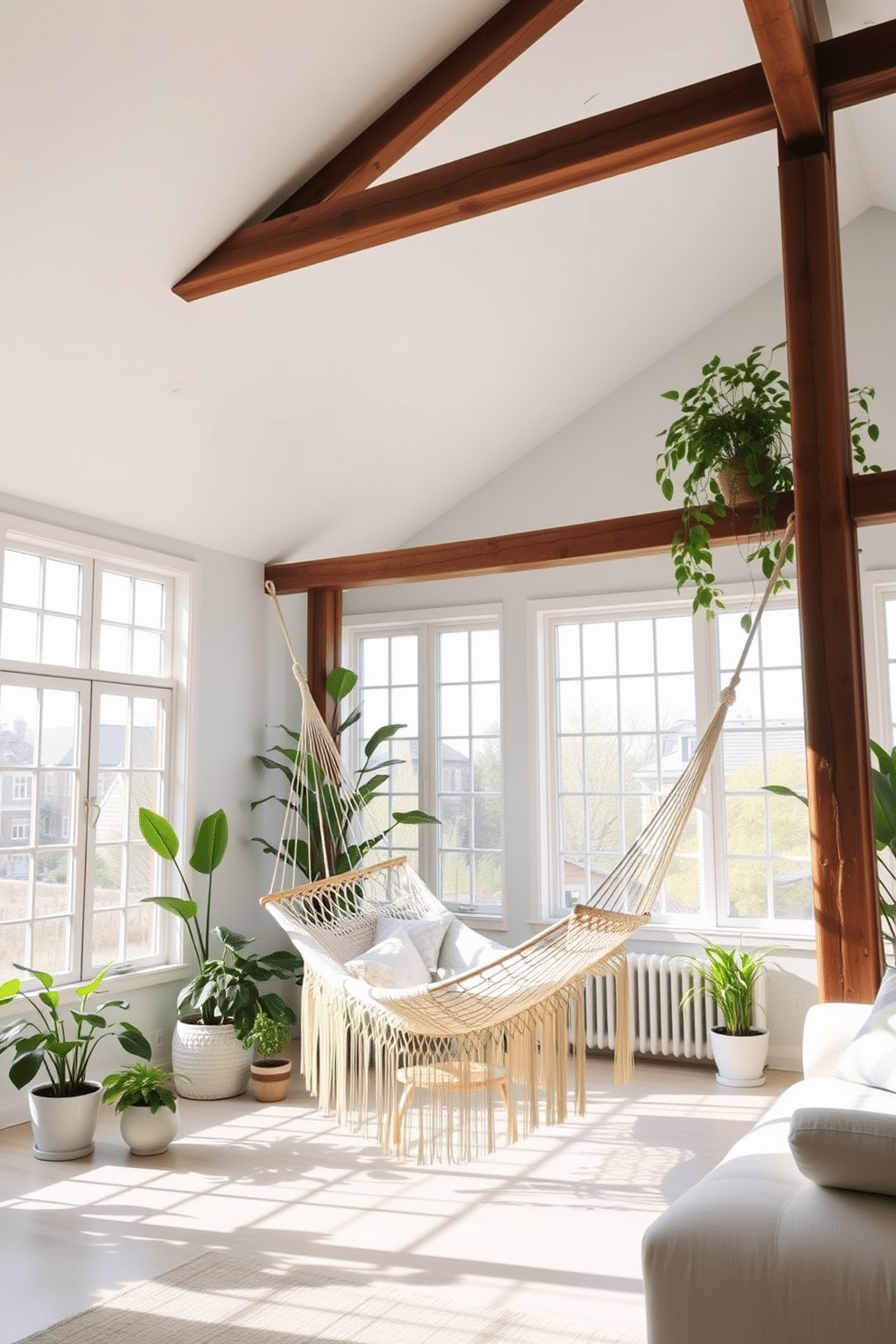 A bright and airy summer loft with large windows allowing natural light to flood the space. The room features a cozy hammock suspended between two sturdy beams, creating a perfect spot for relaxation. The decor includes light, pastel-colored furnishings that evoke a sense of calm. Potted plants are strategically placed around the room, enhancing the fresh and vibrant atmosphere.