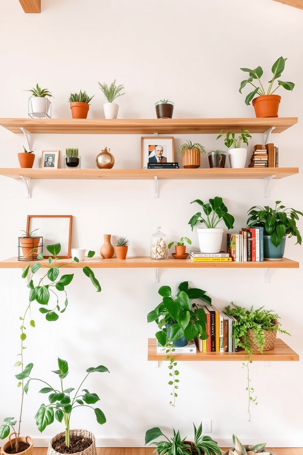 A bright and airy summer loft features floating shelves adorned with a curated selection of decorative items. The shelves are made of light wood, creating a warm contrast against the white walls, and are arranged to display vibrant plants and colorful books.