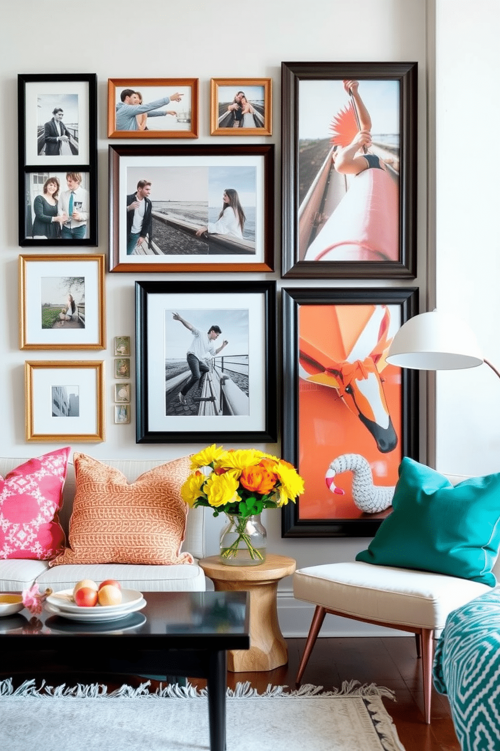 Create a gallery wall featuring a mix of personal photographs and art pieces. The arrangement includes various frame sizes in natural wood and black finishes, creating a cohesive yet eclectic look. Incorporate vibrant summer colors through decorative accents and textiles. Use light fabrics for throw pillows and a soft area rug to enhance the airy, relaxed atmosphere of the loft.