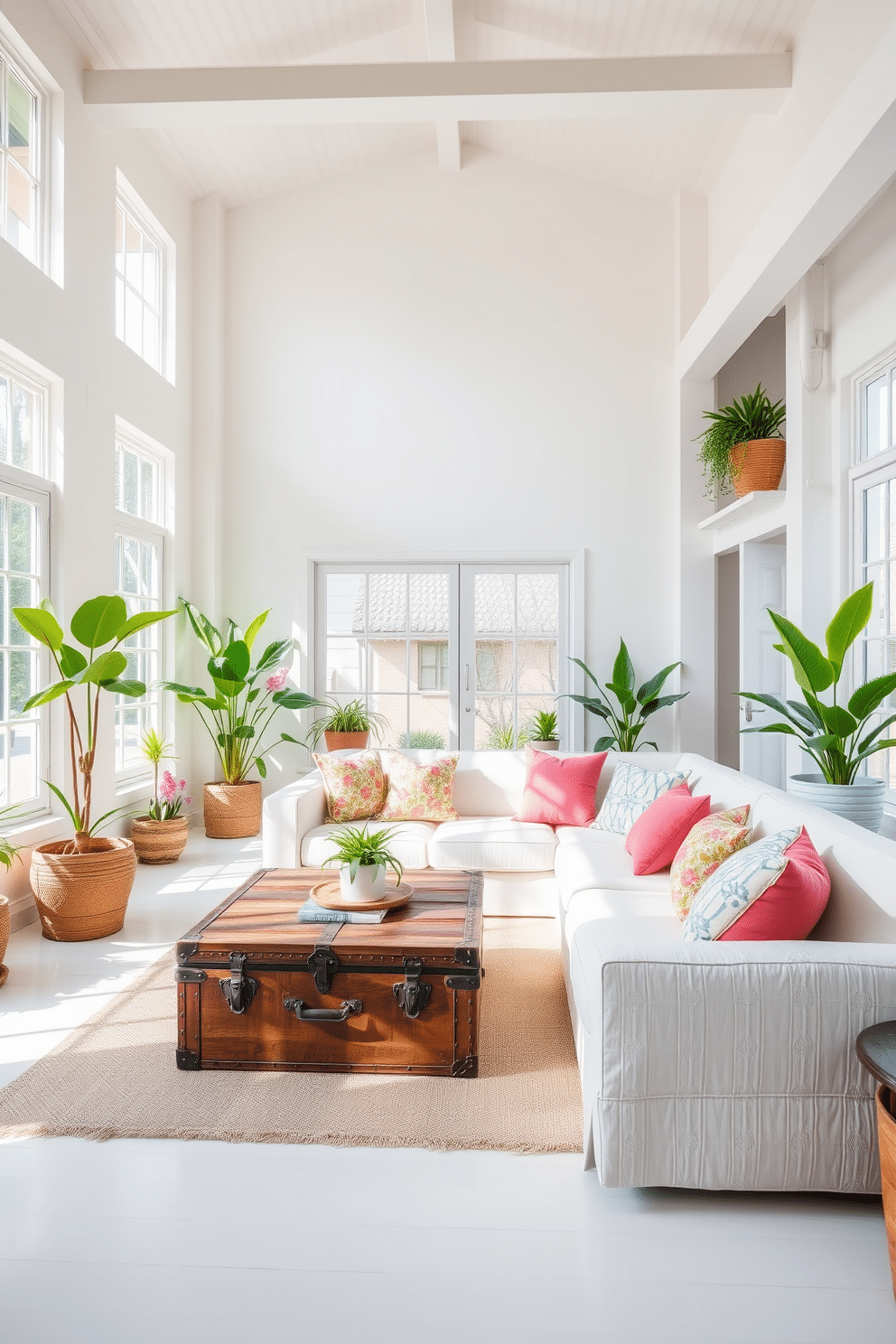 A bright and airy summer loft with high ceilings and large windows. A vintage trunk serves as a coffee table, surrounded by a cozy sectional sofa adorned with colorful throw pillows. The walls are painted in a soft white, enhancing the natural light that floods the space. Potted plants are placed strategically throughout, adding a touch of greenery and vibrancy to the decor.