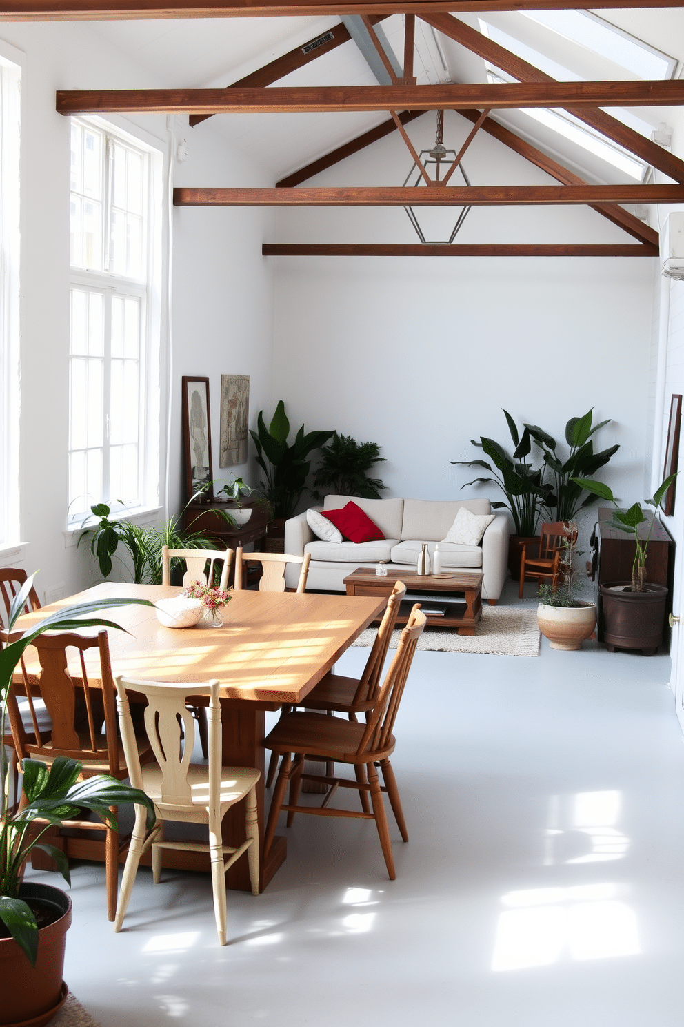 A bright and airy loft space filled with natural light. The room features a large wooden dining table surrounded by mismatched chairs, creating a relaxed and inviting atmosphere. In one corner, a cozy seating area showcases a plush beige sofa paired with a reclaimed wood coffee table. Large potted plants are strategically placed around the room, adding a touch of greenery and life to the decor.