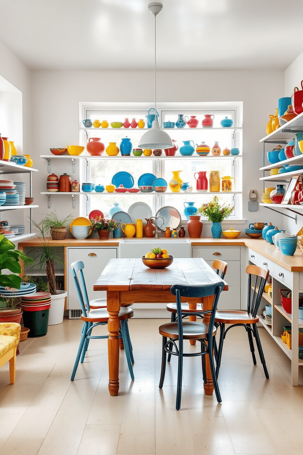 A bright and airy kitchen adorned with vibrant ceramic dishes and colorful pots. The shelves are filled with an array of handcrafted ceramics in shades of blue, yellow, and red, creating a cheerful atmosphere. Natural light floods the space through large windows, highlighting the glossy finishes of the ceramic decor. A rustic wooden table sits at the center, surrounded by mismatched chairs that add a playful touch to the summer loft vibe.