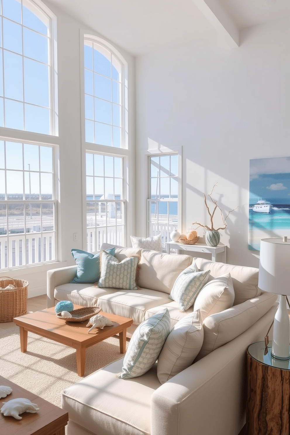 A bright and airy coastal-themed loft with large windows allowing natural light to flood the space. The walls are painted in soft white, and the decor features shades of blue and sandy beige, reminiscent of the beach. A cozy seating area includes a light-colored linen sofa adorned with ocean-inspired throw pillows. Decorative elements like seashells, driftwood accents, and a large piece of ocean art create a serene and inviting atmosphere.