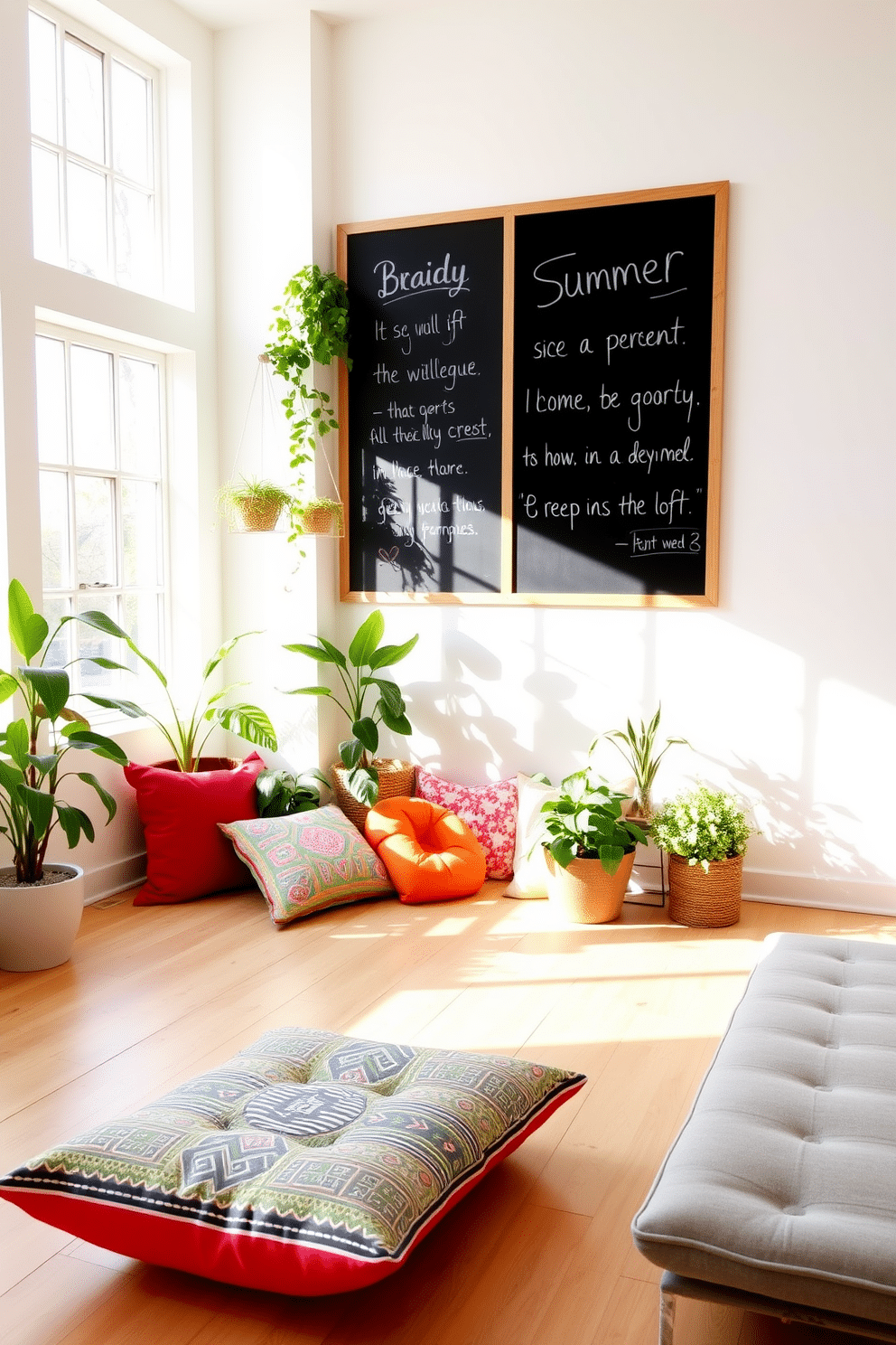 A bright and airy summer loft space featuring large windows that let in natural light. The walls are painted in a soft white, and the floors are a light oak wood, creating a warm and inviting atmosphere. In one corner, a large chalkboard is mounted on the wall, perfect for fun messages and inspirational quotes. The space is decorated with vibrant throw pillows and a mix of plants, adding a refreshing touch of greenery throughout the loft.