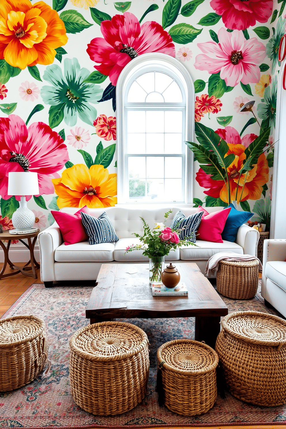 A bright and airy living space adorned with large scale floral wallpaper in vibrant colors. The wallpaper features oversized blooms that create a lively backdrop for a mix of modern and vintage furnishings. A plush white sofa is complemented by colorful throw pillows that echo the hues of the wallpaper. A rustic wooden coffee table sits at the center, surrounded by woven baskets for added texture and storage.