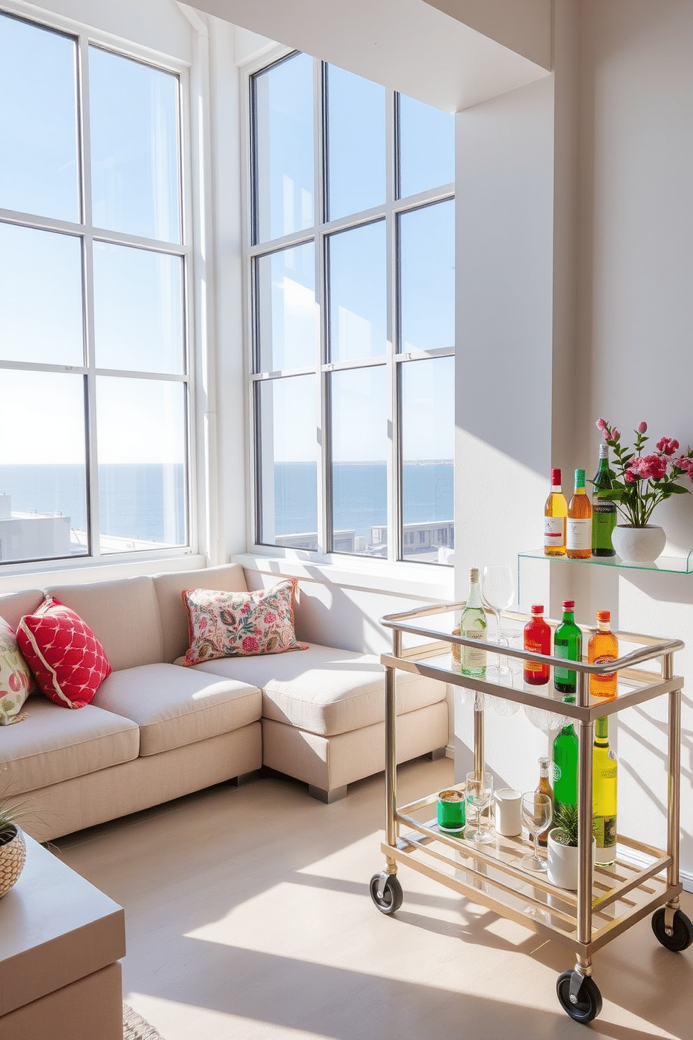 A bright and airy summer loft features large windows that flood the space with natural light. The open layout includes a cozy seating area with a plush sectional sofa adorned with colorful throw pillows. In one corner, a stylish bar cart is elegantly displayed, stocked with an array of glassware and vibrant bottles. The cart is complemented by a small potted plant and a decorative tray, making it the perfect spot for entertaining guests.