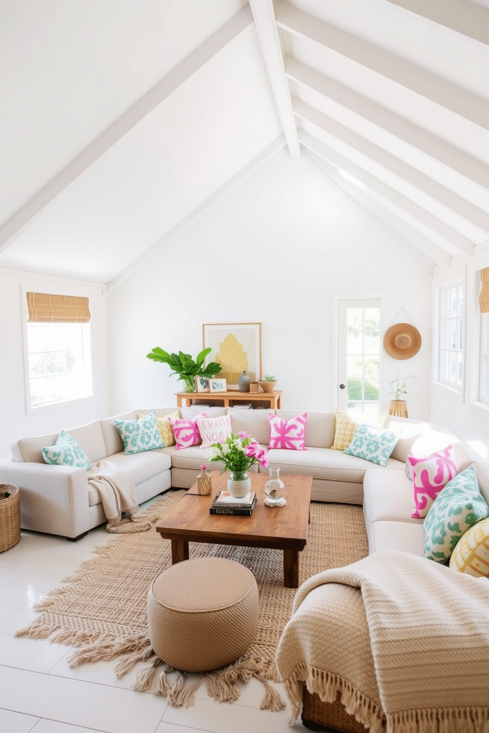 A bright and airy summer loft filled with natural light. The space features a large sectional sofa adorned with patterned cushions in vibrant colors, adding playful accents to the room. The walls are painted in soft white, creating a fresh and inviting atmosphere. A wooden coffee table sits in the center, surrounded by a mix of textured throws and decorative elements that enhance the summer vibe.