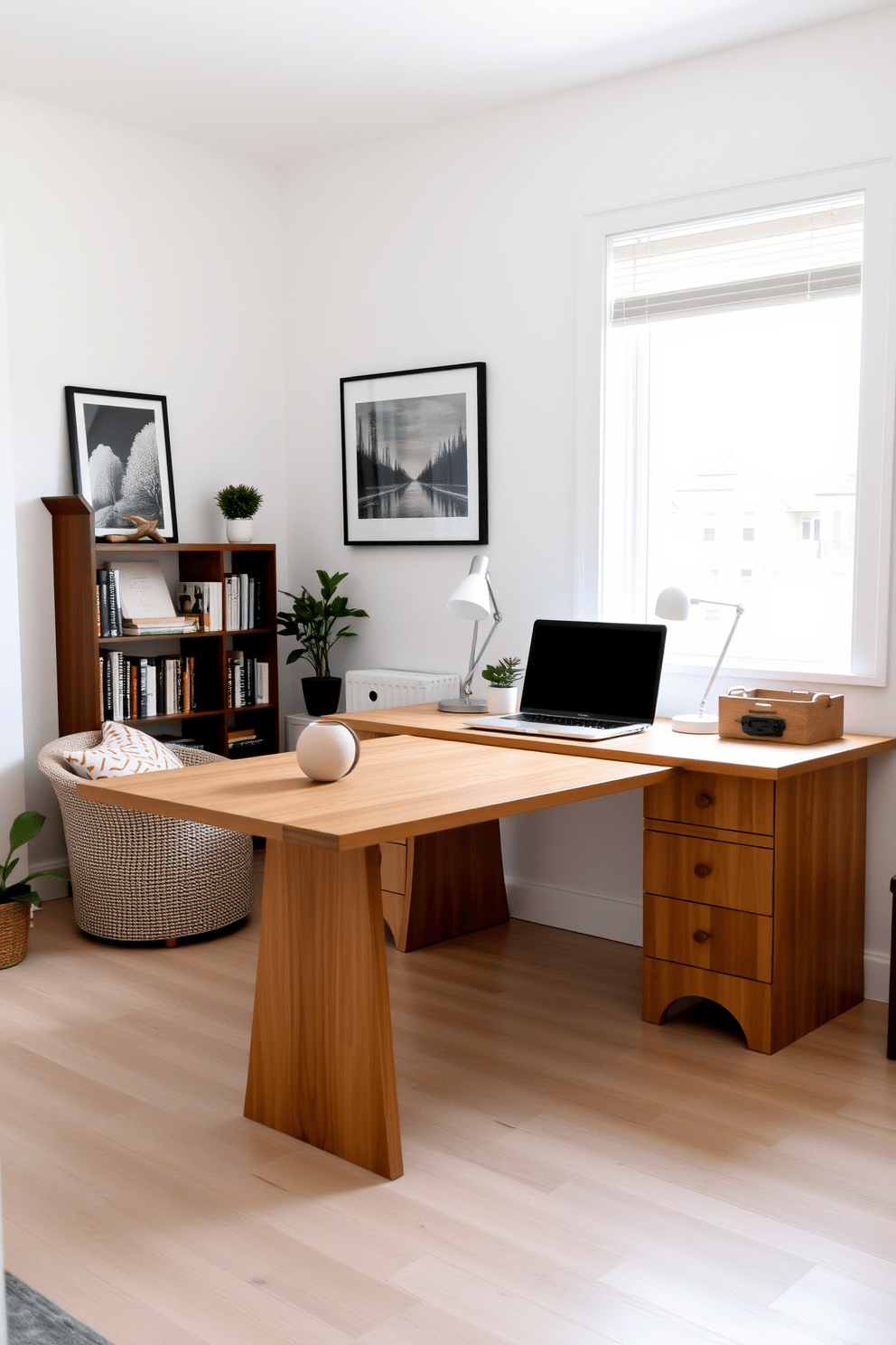 A bright and airy multi-functional workspace area features a large wooden desk positioned near a window that lets in ample natural light. On the desk, a sleek laptop sits beside a stylish desk lamp and a small potted plant, creating an inviting work environment. The walls are painted in a soft white hue, adorned with framed artwork that adds a touch of personality. A cozy reading nook is situated in one corner, complete with a comfortable armchair and a small bookshelf filled with inspiring reads.