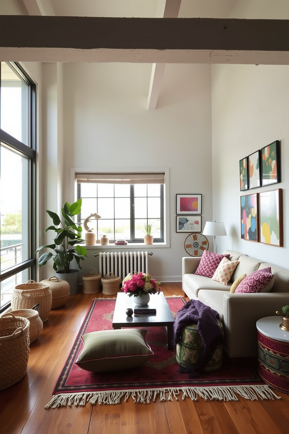 A bright and airy loft space with large windows letting in natural light. Incorporate vibrant accessories like colorful throw pillows and a bold area rug to create a lively atmosphere. Use a mix of textures with woven baskets and soft fabrics to add depth to the decor. Arrange a gallery wall featuring artwork that includes splashes of color to enhance the overall design.