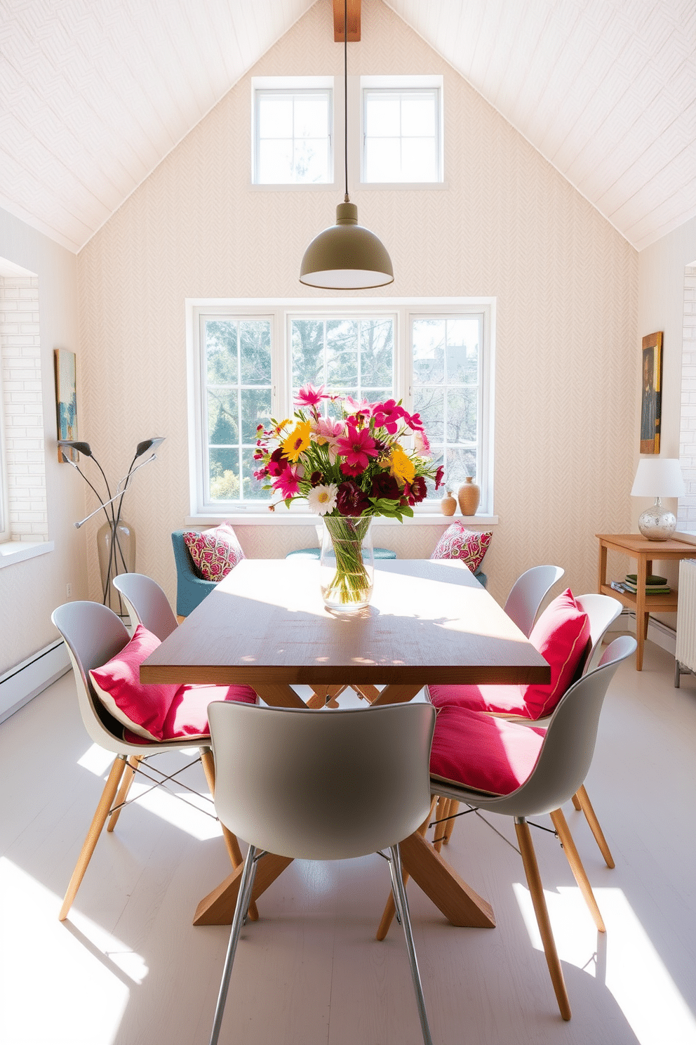 A bright and airy loft dining area featuring a stylish foldable dining table that can easily adapt to different occasions. Surrounding the table are modern chairs with colorful cushions, creating a cheerful and inviting atmosphere. The walls are adorned with light, textured wallpaper that complements the natural wood tones of the table. Large windows allow plenty of sunlight to flood the space, highlighting a vibrant centerpiece of fresh flowers.