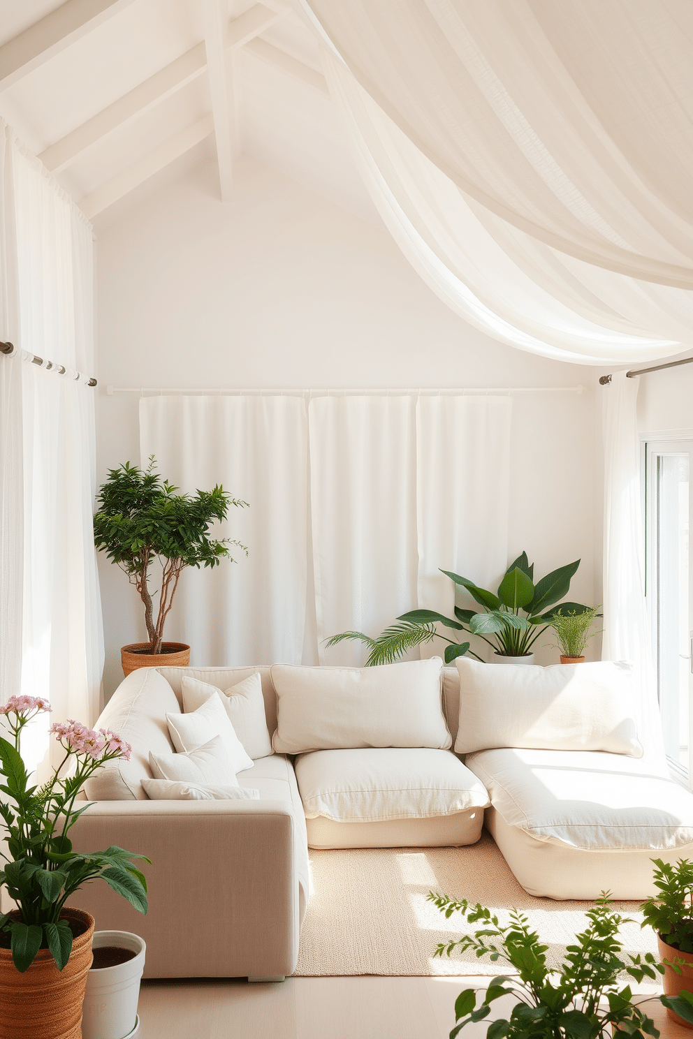 A bright and airy summer loft filled with natural light. The space features light linen curtains that gently flutter in the breeze, creating a soft and inviting atmosphere. A cozy seating area is adorned with a large, plush sectional sofa in a muted pastel color. Accents of greenery from potted plants and fresh flowers bring a touch of nature indoors, enhancing the relaxed summer vibe.