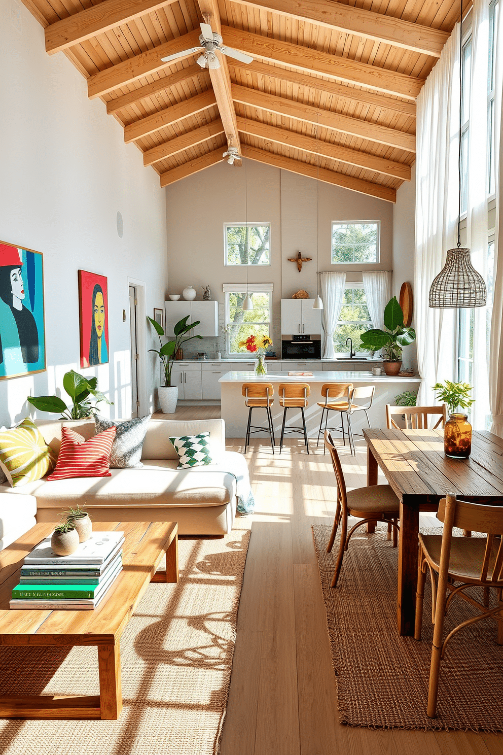 A bright and airy summer loft filled with natural light. The open space features a cozy seating area with a large sectional sofa adorned with colorful throw pillows. A wooden coffee table sits in front of the sofa, topped with a stack of art books and a vibrant centerpiece. The walls are adorned with bold artwork that adds a splash of color and visual interest to the room. The kitchen area showcases sleek cabinetry with a light finish and a large island with bar stools for casual dining. Potted plants are strategically placed throughout the space, bringing a touch of greenery and life to the loft. The dining area features a rustic wooden table surrounded by mismatched chairs, enhancing the eclectic summer vibe. Large windows draped with sheer curtains offer a view of the outdoors, creating a seamless connection with nature.