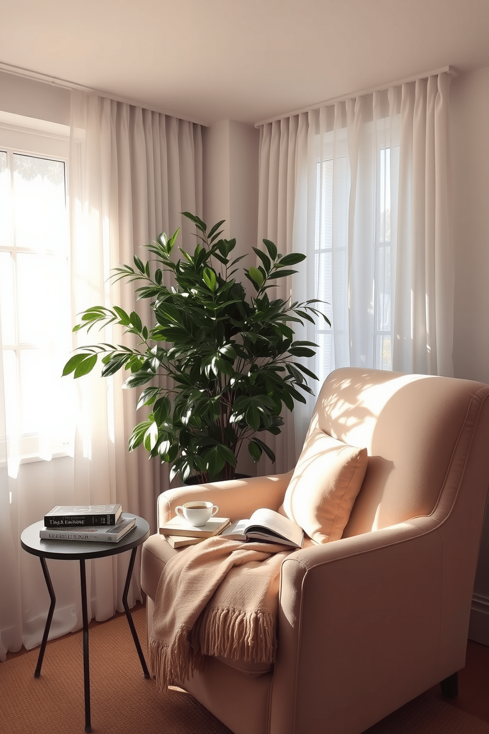 A cozy reading nook area with a plush oversized armchair in a soft pastel fabric. A small side table holds a steaming cup of tea and a stack of well-loved books, while a warm throw blanket drapes over the armchair. Sunlight streams through large windows adorned with sheer white curtains, illuminating the space. A lush indoor plant sits in the corner, adding a touch of greenery and freshness to the serene atmosphere.