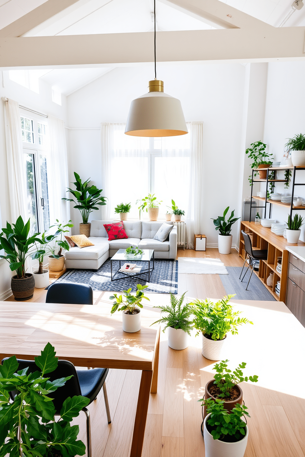 A bright and airy summer loft filled with natural light. Large windows are adorned with sheer white curtains, allowing sunlight to cascade onto the light wooden floors. In the living area, a comfortable sectional sofa is paired with a vibrant patterned rug. Potted plants of varying heights are strategically placed around the space, adding fresh greenery and a touch of nature. The dining area features a sleek wooden table surrounded by modern chairs. A statement pendant light hangs above the table, creating an inviting atmosphere for gatherings. The kitchen showcases open shelving with neatly arranged dishes and plants. Fresh herbs in stylish pots sit on the countertop, enhancing both functionality and aesthetics.