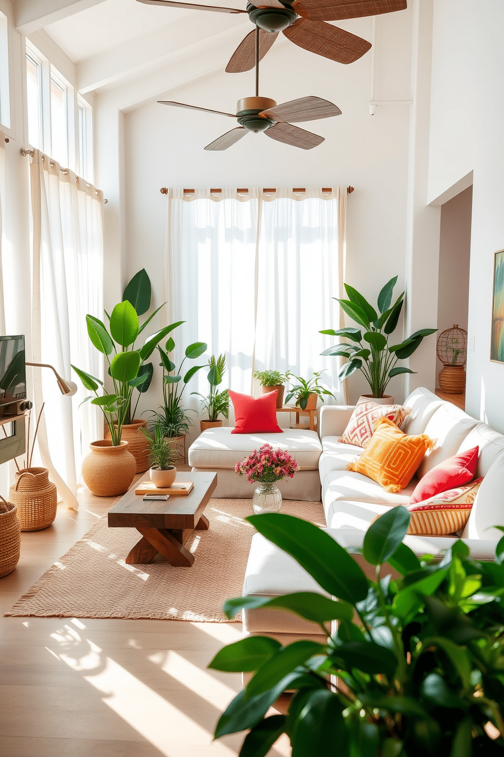 A bright and airy summer loft decorated with a blend of natural textures and vibrant colors. The living area features a large, comfortable sectional sofa in soft linen, paired with a reclaimed wood coffee table and woven rattan accents. The walls are adorned with light, breezy curtains that allow sunlight to filter through, creating a warm ambiance. A collection of potted plants adds a touch of greenery, while colorful throw pillows provide pops of color against the neutral backdrop.