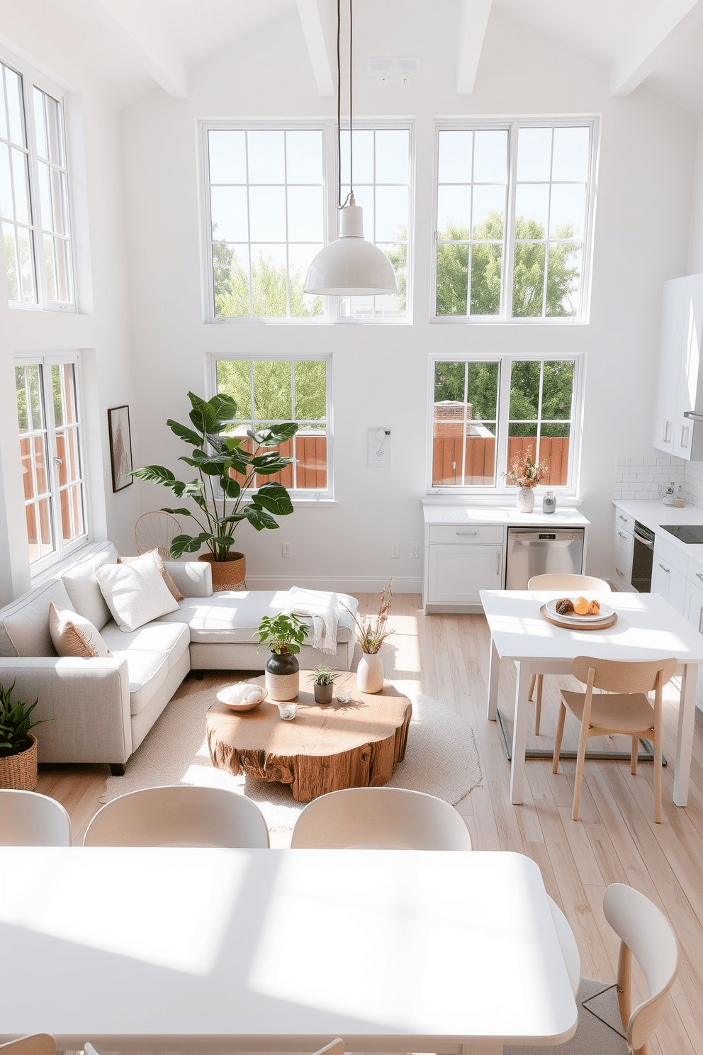 A bright and airy summer loft with large windows allowing natural light to flood the space. The walls are painted in a soft white, complemented by light wood flooring that enhances the open feel. The living area features a plush, light gray sectional sofa adorned with pastel-colored throw pillows. A round coffee table made of reclaimed wood sits in the center, surrounded by a few potted plants that add a touch of greenery. In the dining area, a sleek white table is paired with light wood chairs, creating a casual yet elegant vibe. Above the table, a modern pendant light fixture adds visual interest while maintaining the airy atmosphere. The kitchen boasts light-colored cabinetry with minimalist hardware, and a white subway tile backsplash reflects the sunlight beautifully. A few decorative items, such as a bowl of fresh fruit and a vase of seasonal flowers, are placed on the countertop for a welcoming touch.