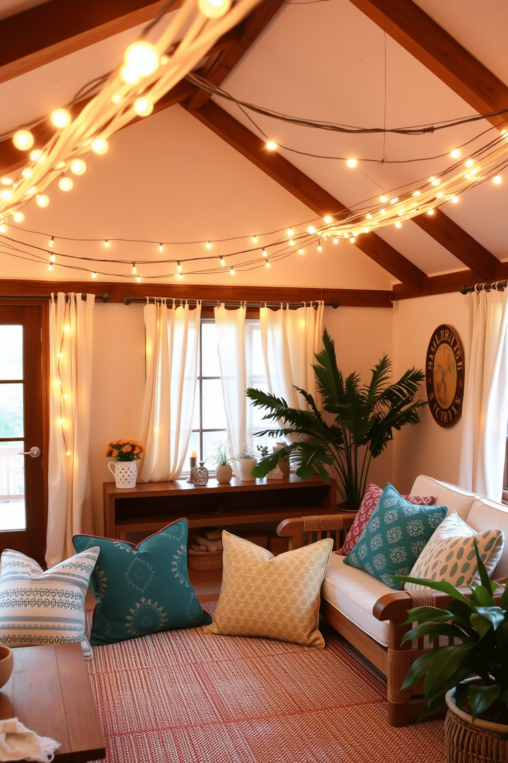 Create a cozy summer loft atmosphere by draping string lights across the ceiling to create an inviting glow. Pair the soft lighting with vibrant throw pillows and light linen curtains to enhance the airy feel of the space.