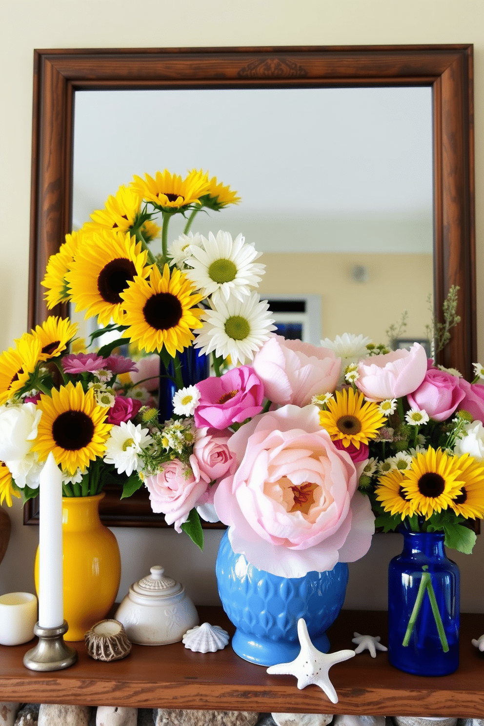 A cheerful summer mantel adorned with fresh flowers in vibrant vases. The arrangement features a mix of sunflowers, daisies, and peonies, bringing a burst of color to the space. The mantel is styled with rustic wooden accents and white candles, creating a warm and inviting atmosphere. A few decorative shells and beach-themed items are scattered among the flowers, enhancing the summer vibe.