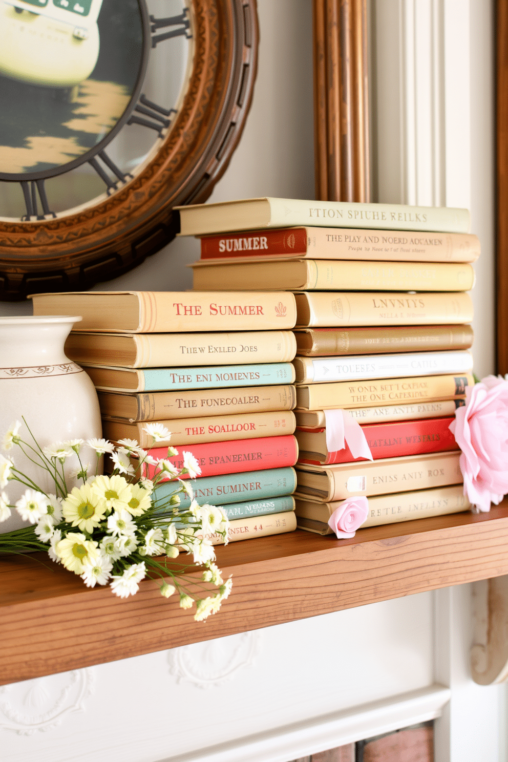 A collection of vintage books with summer themes is artfully stacked on a rustic wooden mantel. Delicate floral arrangements in soft pastel colors are placed beside the books, creating a warm and inviting summer atmosphere.