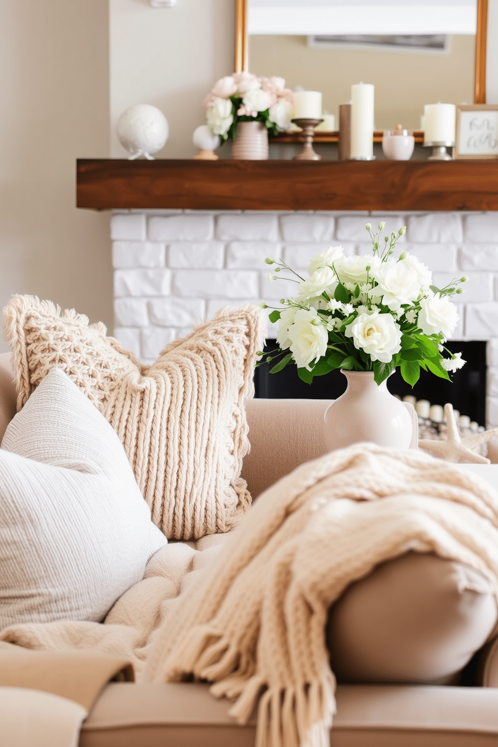 A cozy living room setting featuring layered fabrics that create a warm and inviting atmosphere. Plush throw pillows in various textures are arranged on a soft sofa, complemented by a knitted blanket draped over the armrest. For summer mantel decorating ideas, a bright and airy display is created with fresh flowers in a vase and seasonal decor items. The mantel is adorned with light-colored candles and a few beach-themed accents, giving it a relaxed summer vibe.