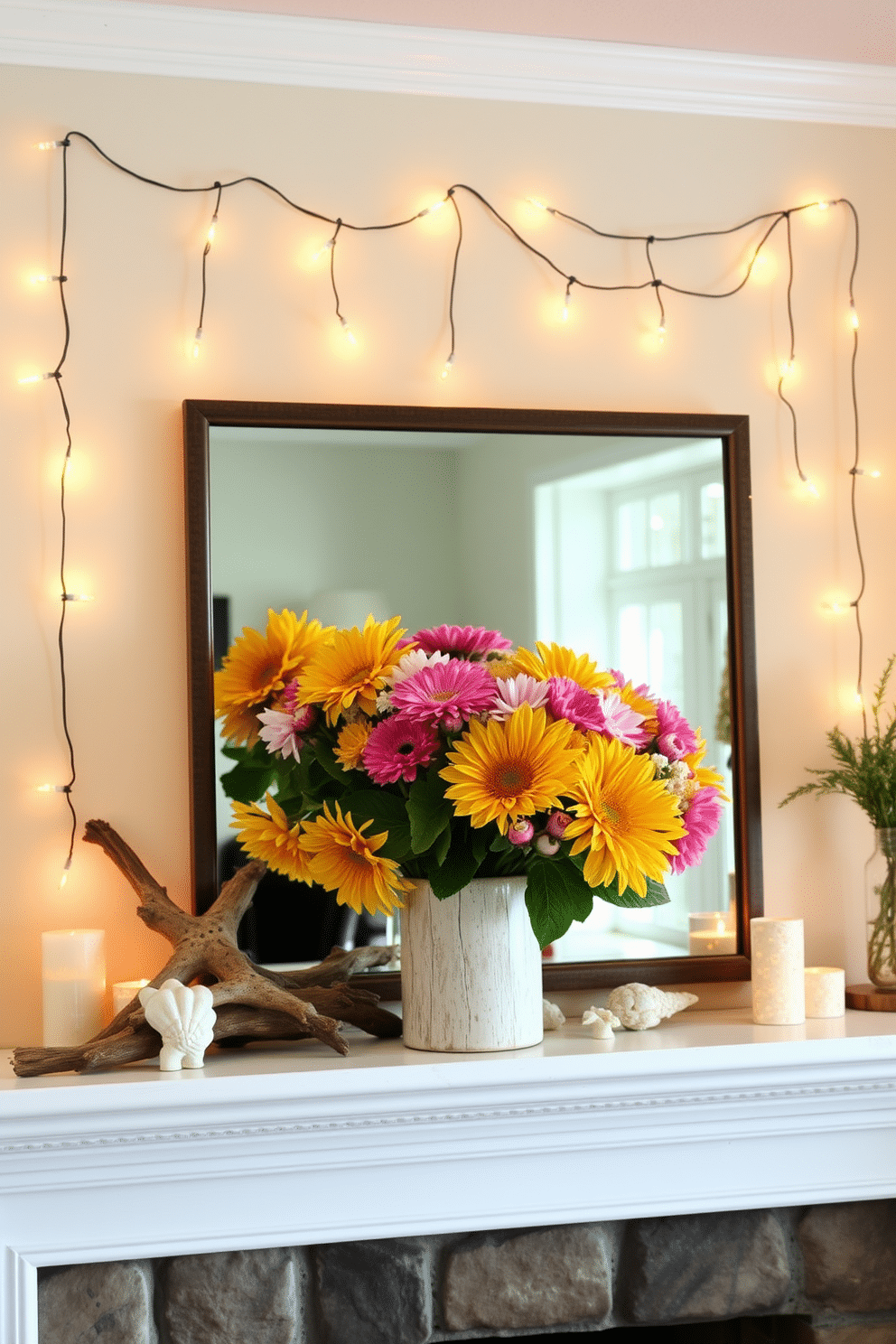 A cozy summer mantel adorned with hanging string lights creates a warm and inviting atmosphere. The mantel features a mix of natural elements like seashells and driftwood, complemented by vibrant summer flowers in a rustic vase.