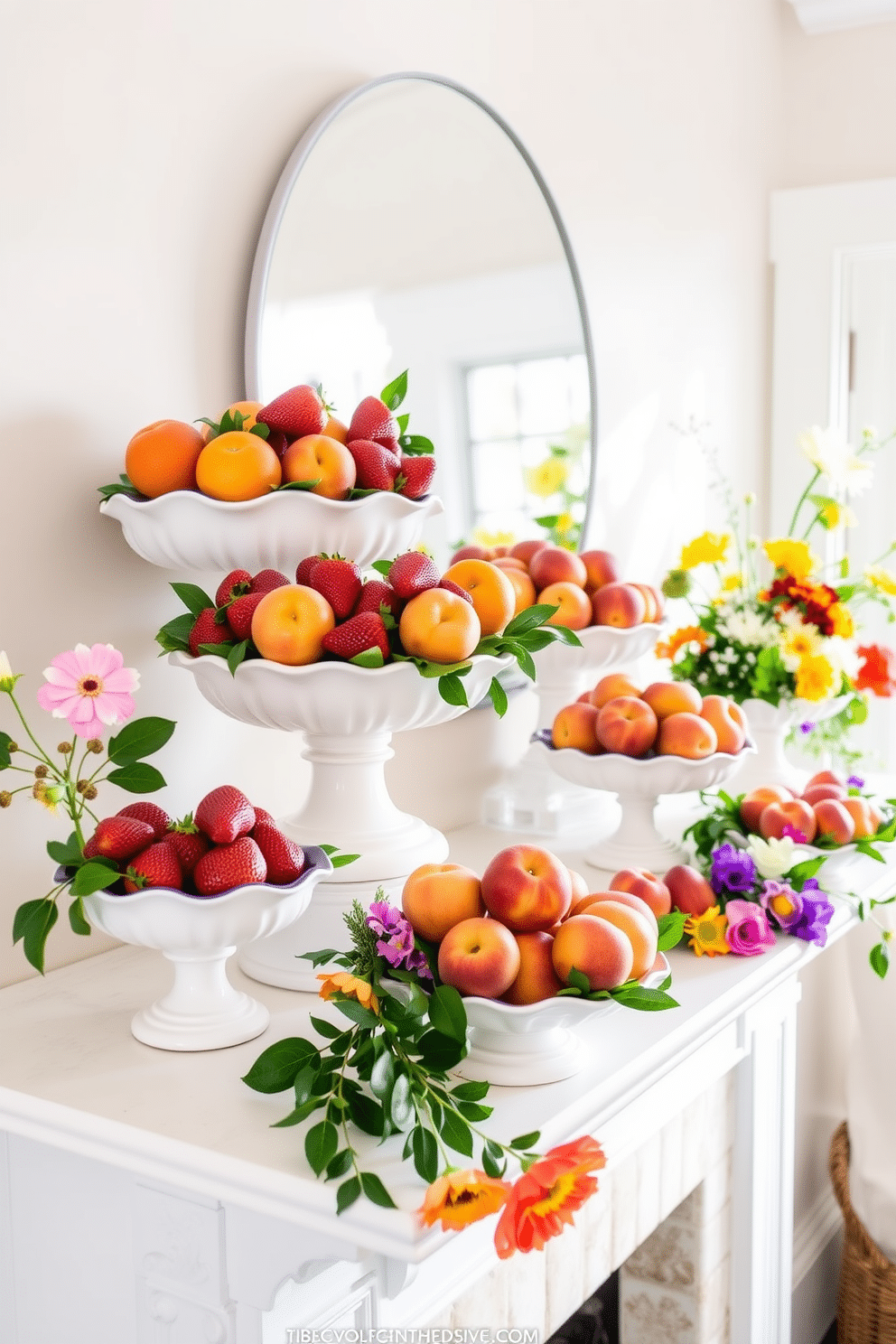 A vibrant summer mantel adorned with seasonal fruit bowls creates a lively focal point. The arrangement includes bright oranges, luscious strawberries, and ripe peaches, all displayed in elegant ceramic bowls. Surrounding the fruit, fresh greenery and colorful blooms enhance the summer theme. Soft, natural light filters in, illuminating the mantel and highlighting the cheerful colors of the fruits and flowers.