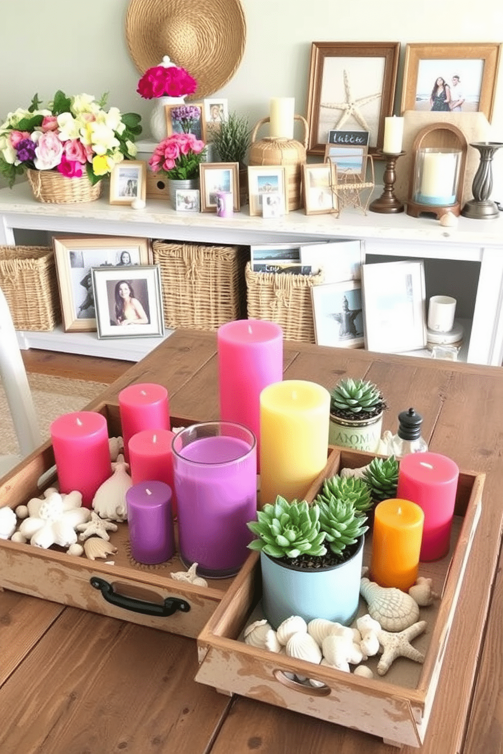 Decorative trays filled with vibrant summer essentials are arranged on a rustic wooden table. The trays feature colorful candles, seashells, and small potted succulents, creating a cheerful and inviting atmosphere. The summer mantel is adorned with a mix of fresh flowers and beach-themed decor. A collection of framed photos from summer vacations is displayed alongside woven baskets and light-colored candles for a cozy touch.