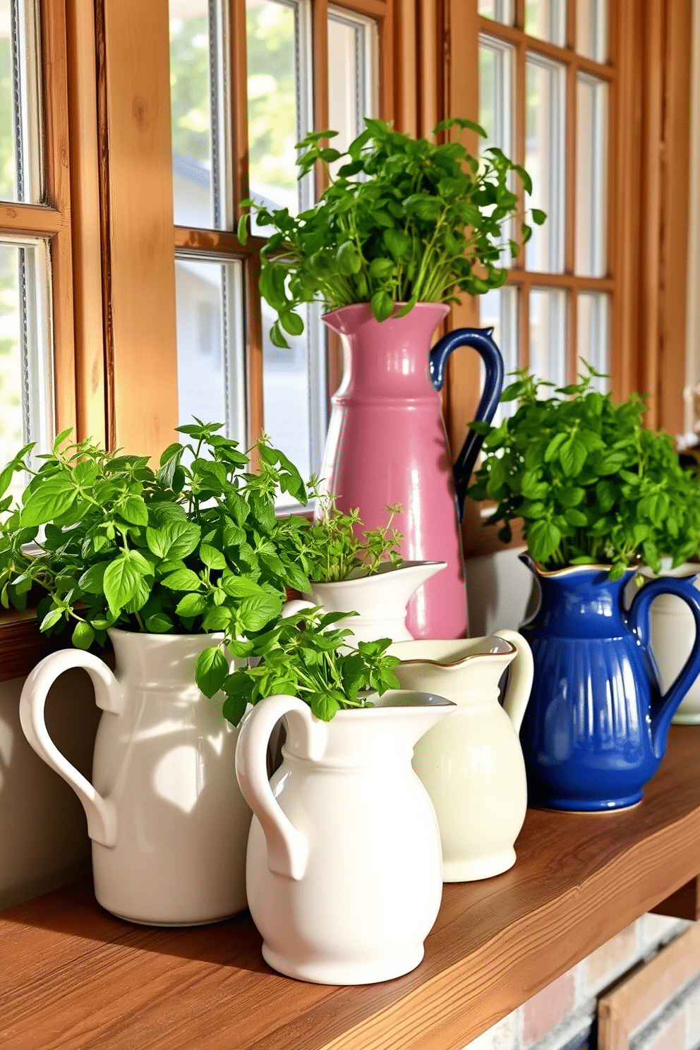 Ceramic pitchers filled with fresh herbs are arranged on a rustic wooden mantel. The pitchers vary in size and color, creating a charming and vibrant display that enhances the summer ambiance. Bright green herbs like basil and mint spill over the edges, adding a touch of nature to the decor. Soft, warm light filters through nearby windows, casting gentle shadows and highlighting the textured surfaces of the pitchers.