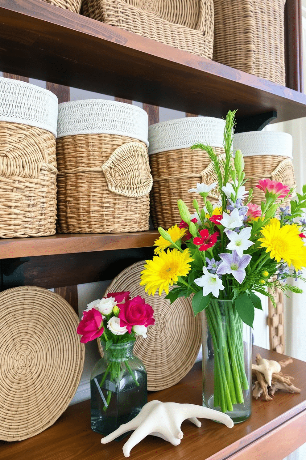 Woven baskets arranged on a rustic wooden shelf add warmth and texture to the space. The natural fibers of the baskets complement the earthy tones of the surrounding decor, creating a cozy atmosphere. For summer mantel decorating ideas, fresh flowers in vibrant colors are placed in elegant vases. Accents like seashells and driftwood enhance the seasonal theme, bringing a touch of the beach indoors.