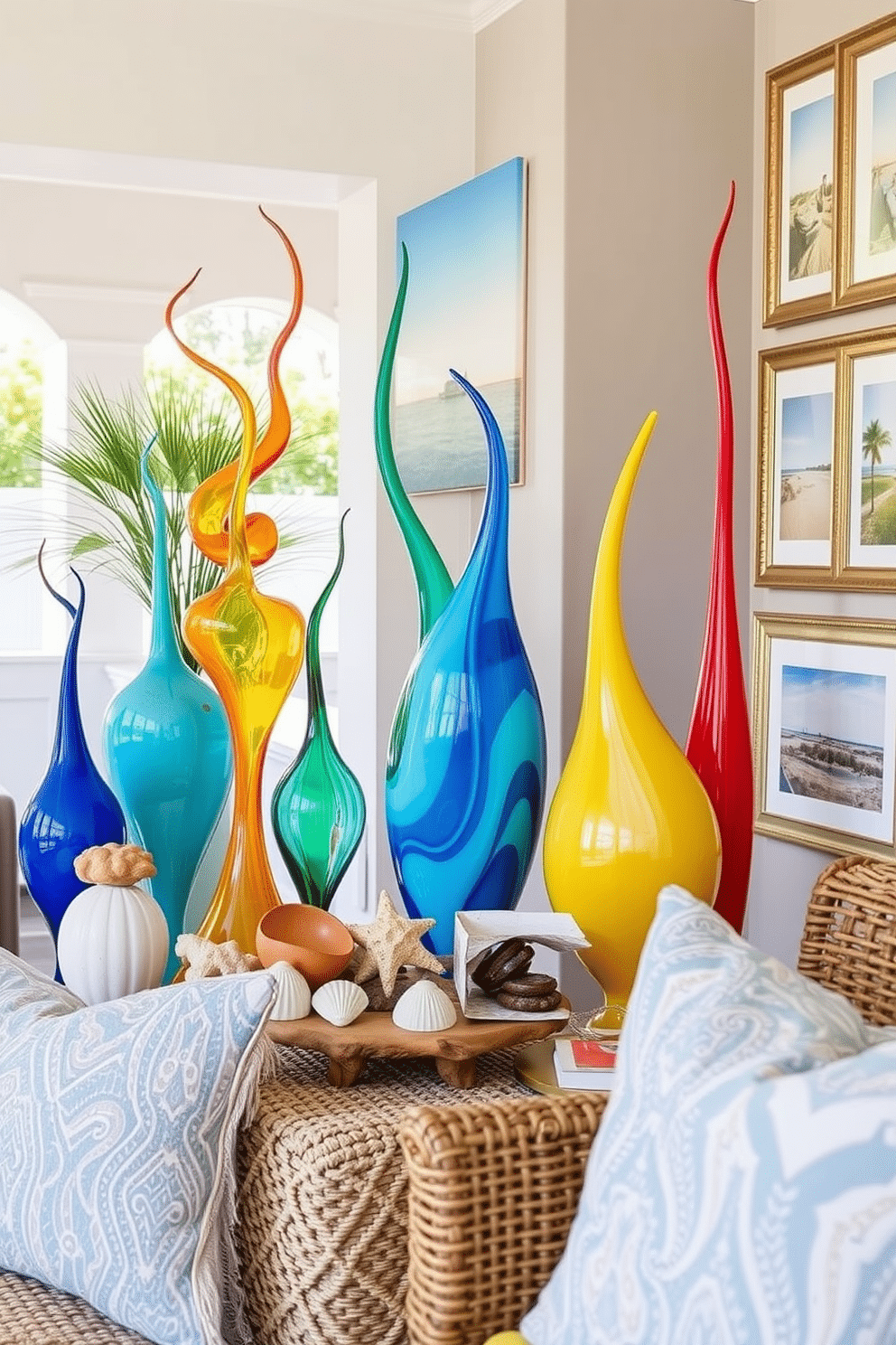 Artistic sculptures reflecting summer vibes. Imagine a vibrant outdoor setting featuring a collection of colorful sculptures made from glass and metal, capturing the essence of summer with bright hues and playful forms. Summer Mantel Decorating Ideas. Visualize a cozy living room mantel adorned with seashells, driftwood, and sun-bleached accents, complemented by soft, airy fabrics and a collection of framed beach photographs to evoke a relaxed summer atmosphere.