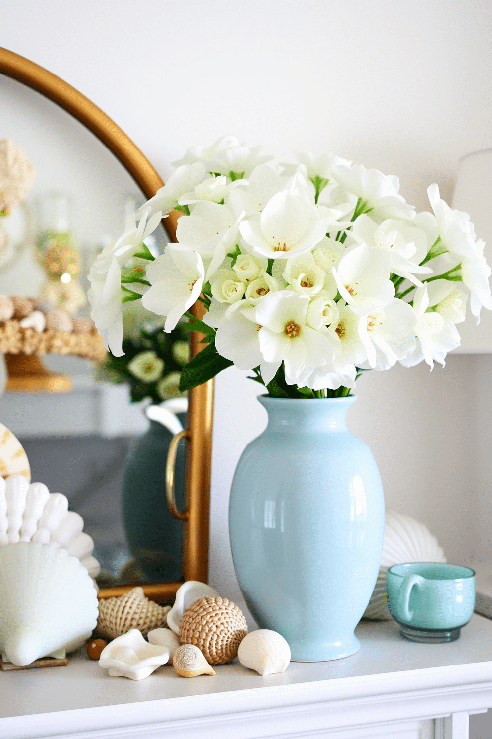 A bright and airy mantel adorned with coastal-themed decorations. Seashells of various sizes and colors are artfully arranged alongside a soft blue vase filled with fresh white flowers.