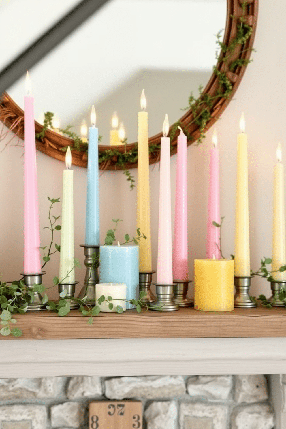 Pastel colored candles in varying heights are arranged on a rustic wooden mantel. The soft hues of pink, blue, and yellow create a serene atmosphere, complemented by delicate greenery intertwined among the candles.