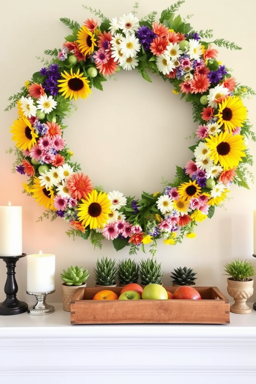 A vibrant summer mantel adorned with a seasonal wreath made of colorful flowers. The wreath features a mix of sunflowers, daisies, and greenery, creating a cheerful focal point above the mantel. On the mantel, there are decorative candles in varying heights, surrounded by small potted plants. A rustic wooden tray holds seasonal fruits, adding a fresh touch to the decor.