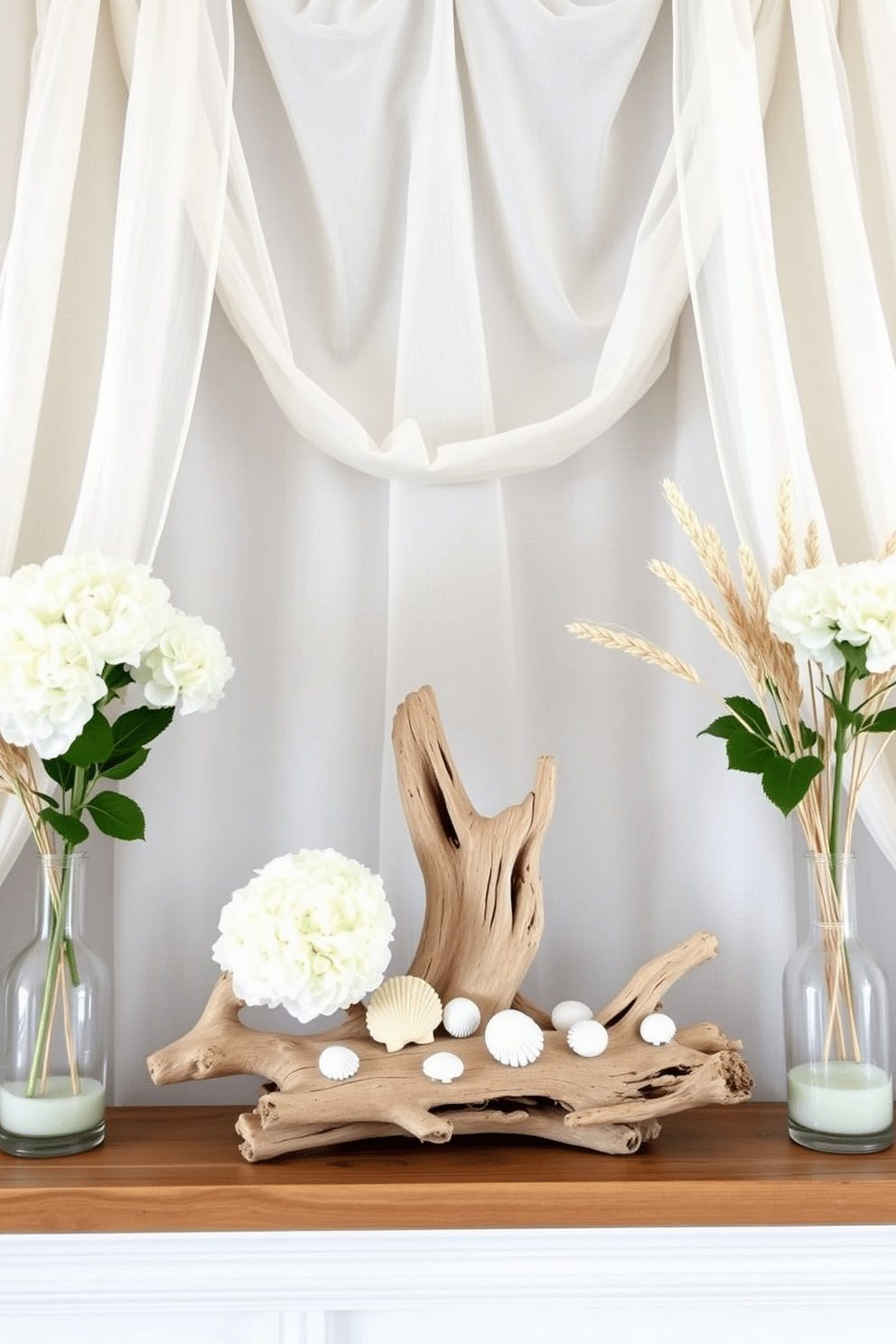 A serene summer mantel decorated with ocean-inspired colors and textures. Soft blues and sandy beiges blend harmoniously, with a driftwood centerpiece and seashell accents. Delicate glass vases filled with white hydrangeas and sea oats sit on either side. The backdrop features a light, airy fabric draped elegantly, evoking a coastal breeze.