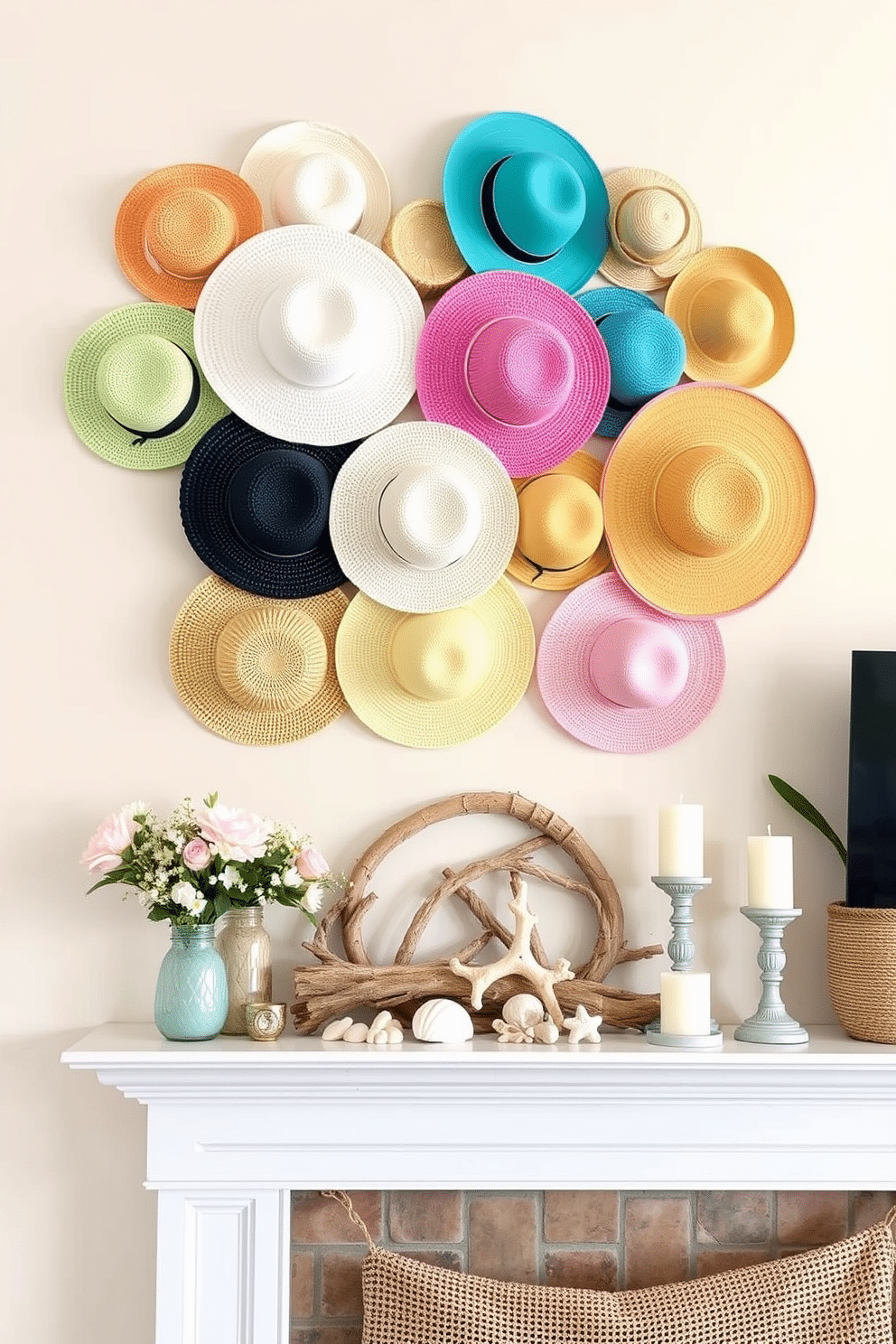 Sun hats displayed as wall art create a vibrant and playful atmosphere in any room. Arrange a variety of colorful hats in an artistic pattern on a neutral wall to serve as a unique focal point. For summer mantel decorating ideas, incorporate natural elements like seashells and driftwood to evoke a coastal feel. Add soft pastel accents with candles and flowers to enhance the seasonal theme.