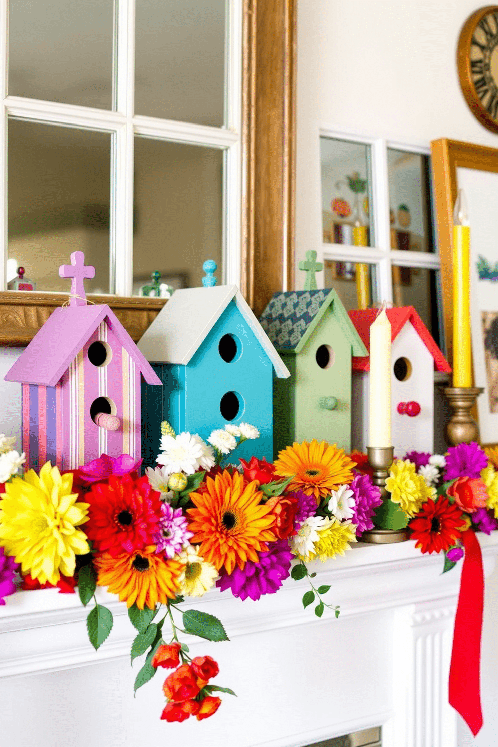 Charming birdhouses for a whimsical touch. Each birdhouse features unique colors and patterns, crafted from natural wood with intricate details. Summer Mantel Decorating Ideas. The mantel is adorned with fresh flowers in vibrant hues, complemented by decorative candles and seasonal artwork.