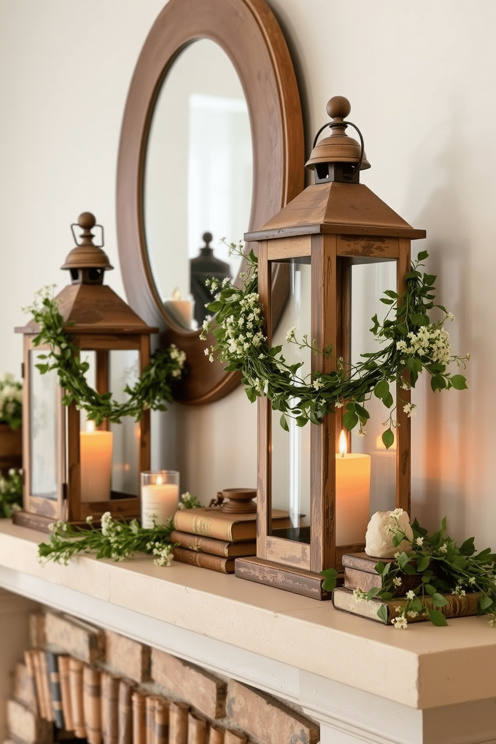 Rustic lanterns made of weathered wood and metal are placed on a stone fireplace mantel. Each lantern holds a flickering candle, casting a warm and inviting glow throughout the room. Adorning the mantel are fresh green garlands intertwined with delicate wildflowers. A few vintage books and small decorative items are artfully arranged alongside the lanterns for a charming summer touch.