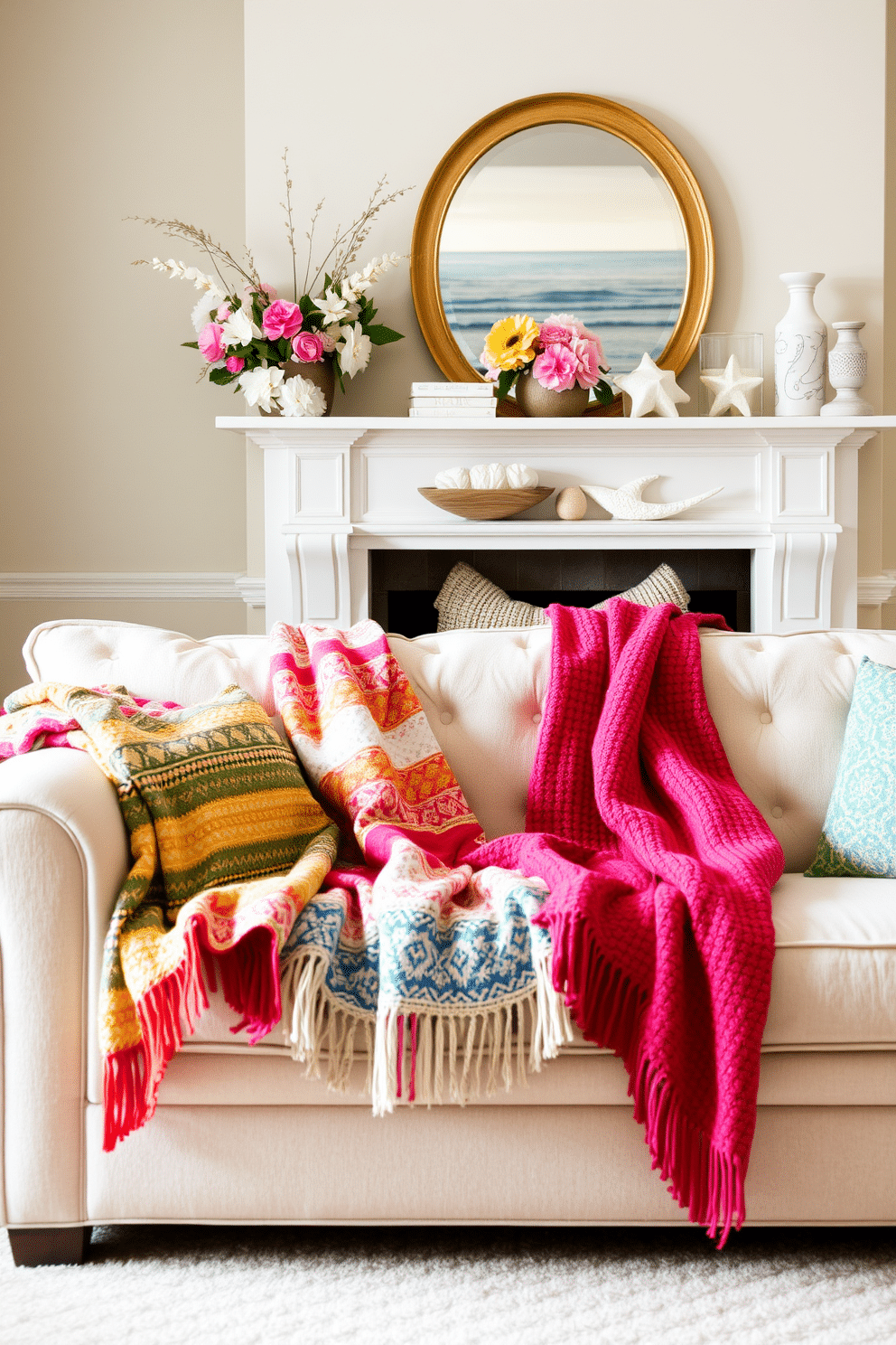 A cozy living room scene featuring colorful throw blankets draped over a plush sofa. The blankets showcase a mix of vibrant patterns and textures, inviting comfort and warmth. A beautifully styled summer mantel adorned with fresh flowers and beach-themed decor. The mantel is decorated with light-colored accents and seasonal elements that evoke a relaxed, sunny atmosphere.