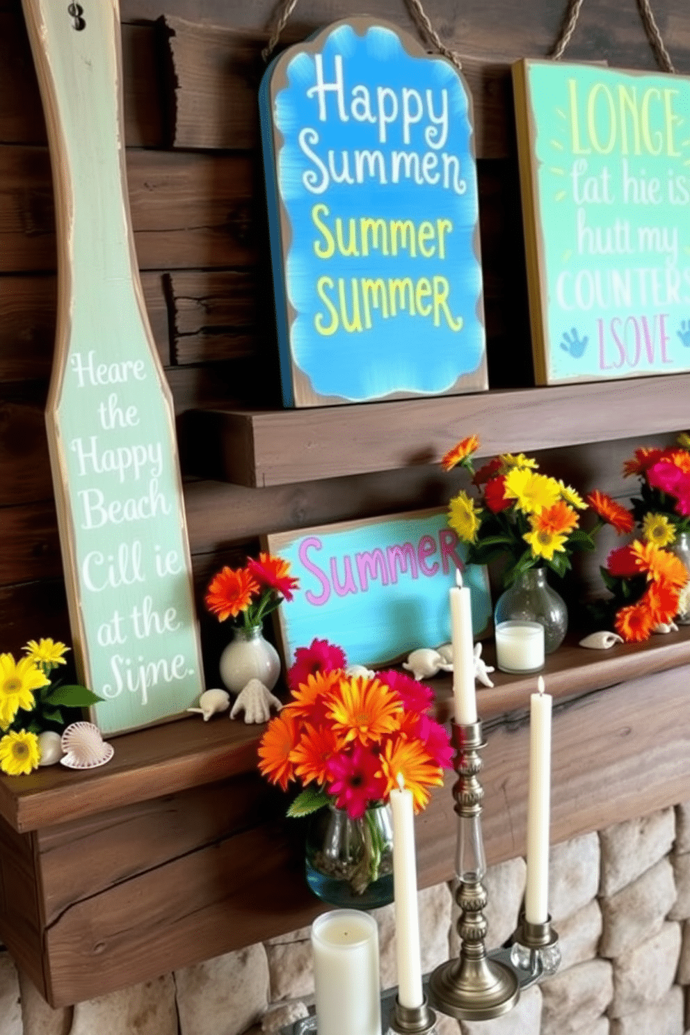 Hand-painted signs featuring cheerful summer quotes are displayed on a rustic wooden mantel. The signs are adorned with vibrant colors and whimsical fonts, creating a lively and inviting atmosphere. The mantel is decorated with fresh flowers in bright hues, complemented by seashells and small beach-themed accents. A collection of candles in varying heights adds warmth and charm to the summer decor.