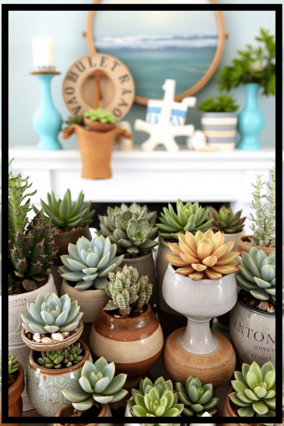 A vibrant display of succulent arrangements in various shapes and sizes. Each plant is potted in a unique ceramic container, showcasing a mix of earthy tones and textures. A beautifully styled summer mantel with a coastal theme. Soft blue and white accents are paired with natural elements like driftwood and seashells, creating a fresh and inviting atmosphere.