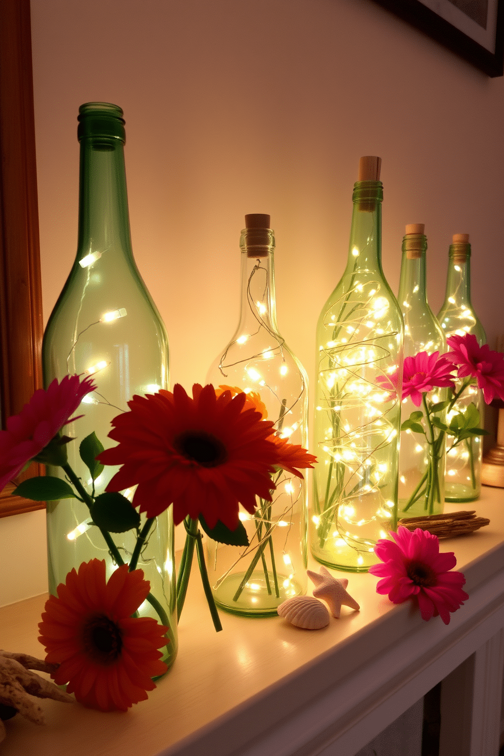 A cozy summer mantel adorned with glass bottles filled with twinkling fairy lights creates a warm and inviting atmosphere. The bottles, arranged in varying heights, reflect the soft glow of the lights, enhancing the seasonal decor. Fresh flowers in vibrant colors are placed alongside the bottles, adding a touch of nature to the mantel. Natural elements like seashells or driftwood can be incorporated to evoke a beachy summer vibe.